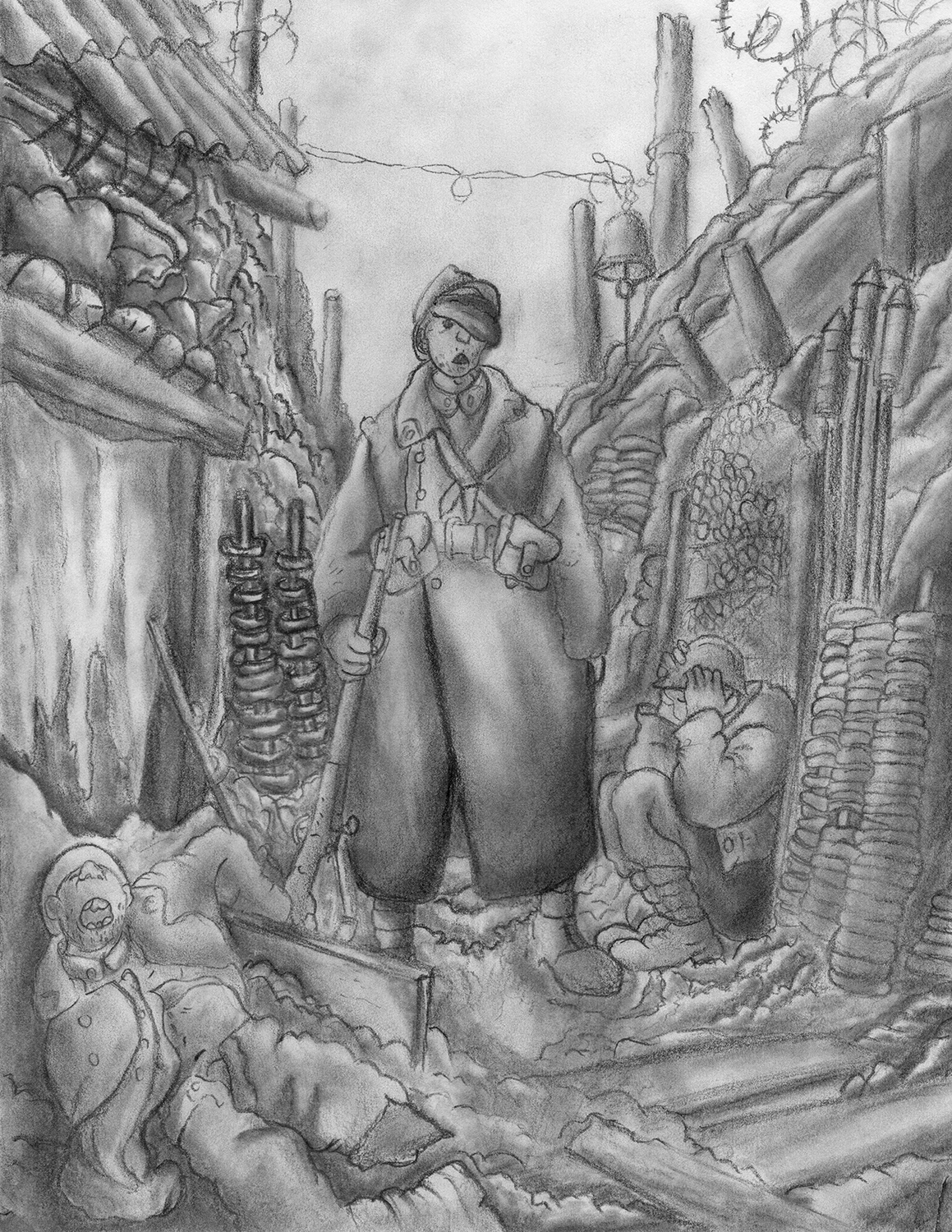 Carnage of War by Zach Blackley, graphite on paper - Innisdale Secondary School